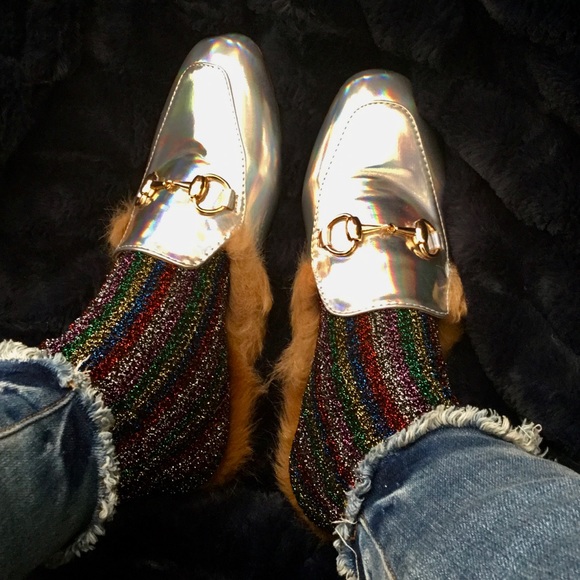 🎈Holographic Hologram Fur Loafer Flat Mule Slides - Picture 3 of 5